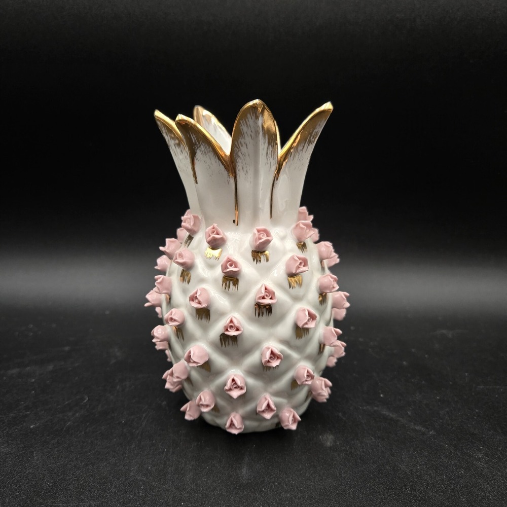 Vtg White Pineapple Pink Rose Gold Accent Style Vase 5"